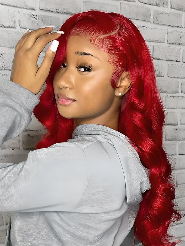 CurlyMe Red Colored Body Wave Hair Lace Front Wigs Pre Plucked Hairline