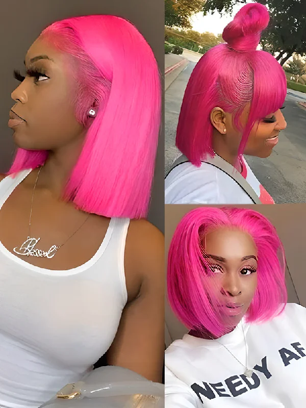 CurlyMe Pink Color Straight Hair 13x4 Lace Front Bob Wigs