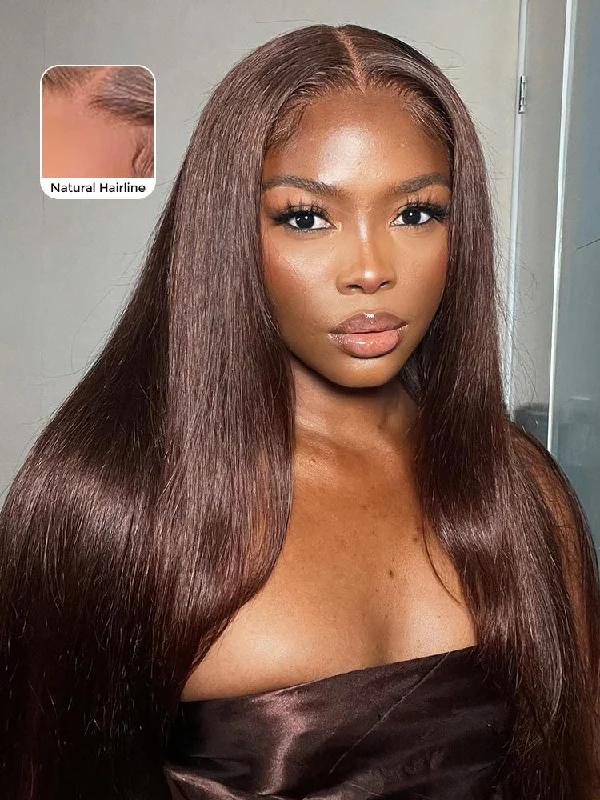 CurlyMe #4 Chocolate Brown Pre Cut Glueless Lace Straight Wear Go Wig