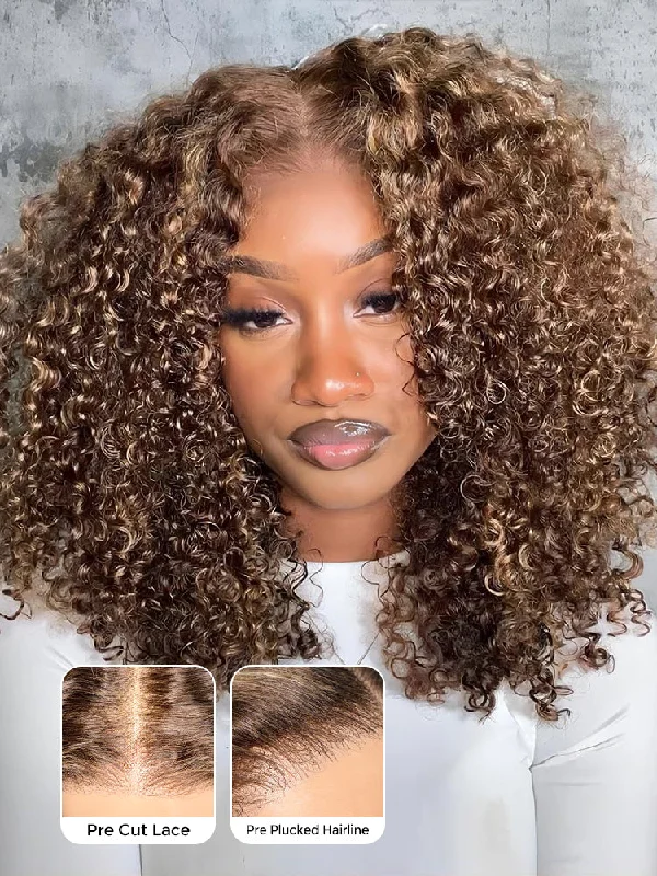 CurlyMe Highlights Ombre Kinky Curly Glueless Bob Wig Wear Go 6x4 Pre Cut HD Lace Wig