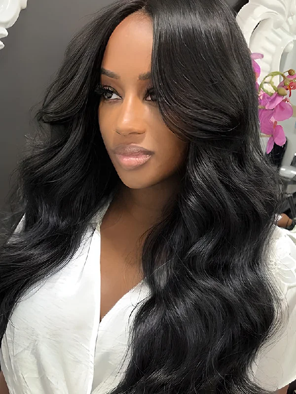 CurlyMe Body Wave Hair 5x5 Swiss Lace Closure Wigs Pre Plucked Natural Color