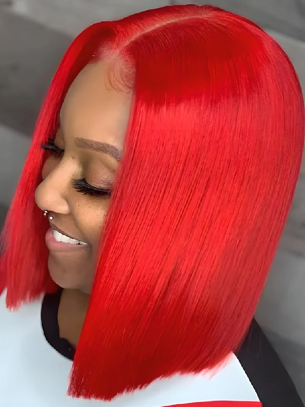 CurlyMe Hot Red Color Cheap Bob Wigs Straight Hair Lace Front Wigs