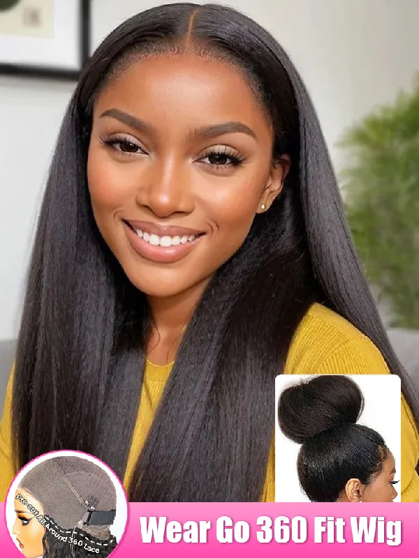 CurlyMe 360 Lace Wear Go Wig Pre-Bleached Yaki Straight Human Hair Pre-Plucked Lace Front Wig