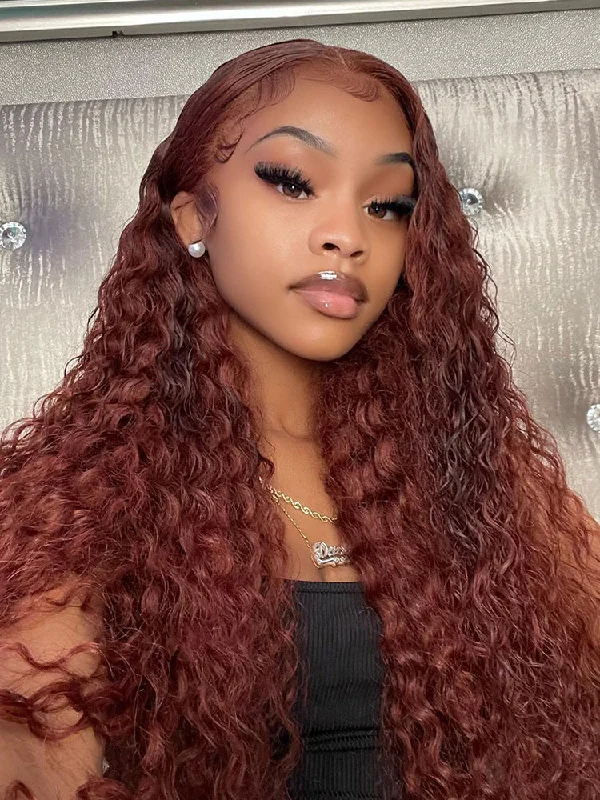 CurlyMe Reddish Brown Color Water Wave Auburn Hair 13x4 Lace Front Wigs Pre Plucked