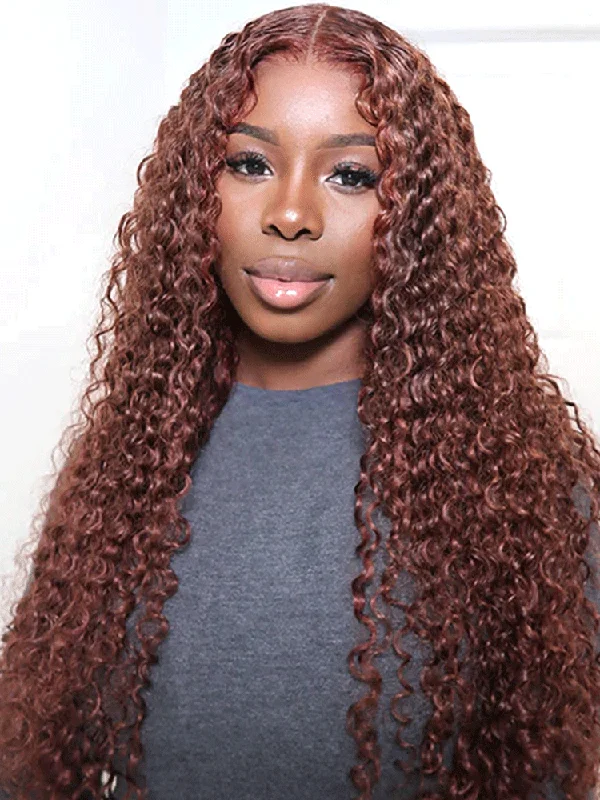 CurlyMe Reddish Brown Color Hair Deep Wave Lace Front Wigs Pre Plucked