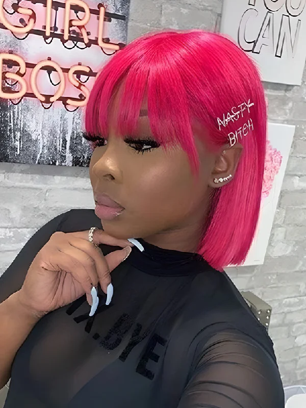 CurlyMe Short Cut Straight Pink Hair No Lace Bob Wigs With Bangs