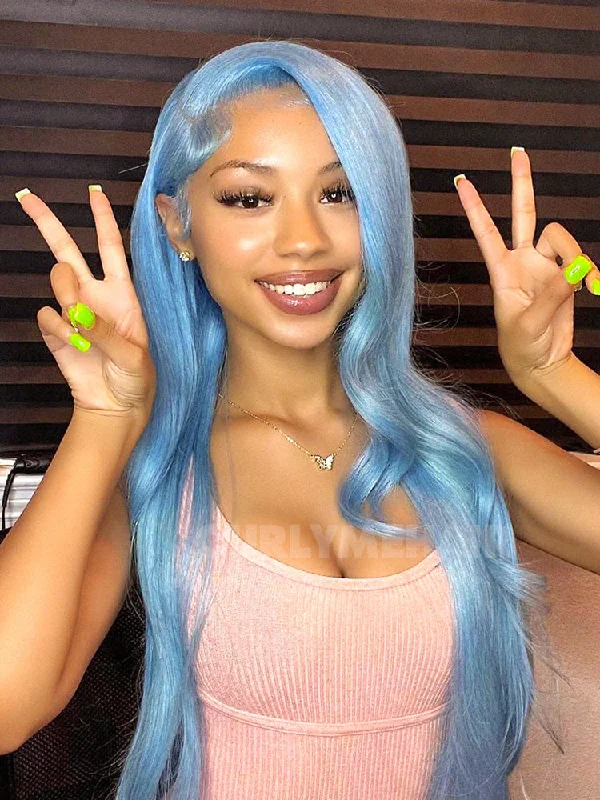 CurlyMe Hot Color Lake Brilliant Blue Straight Hair 13x4 Lace Front Wigs