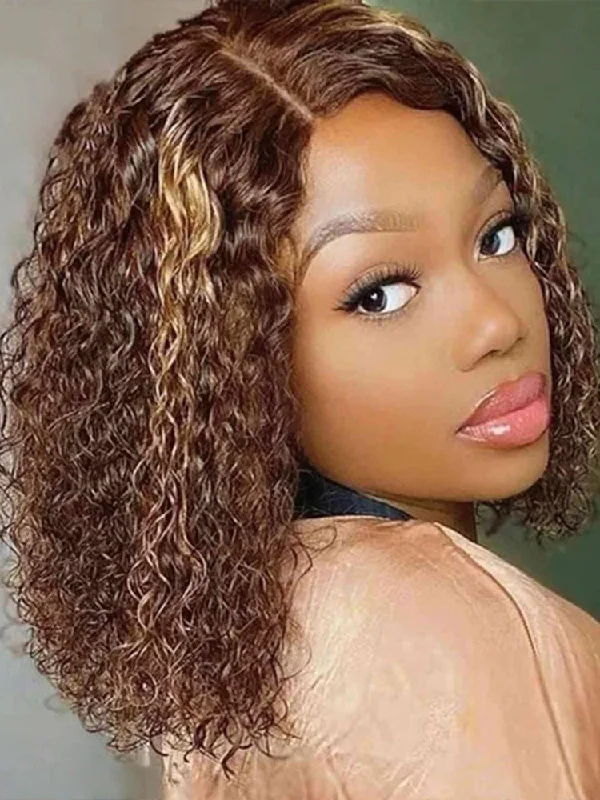 CurlyMe Highlights Ombre Water Wave Glueless Bob Wig Wear Go 6x4 Pre Cut HD Lace Wig