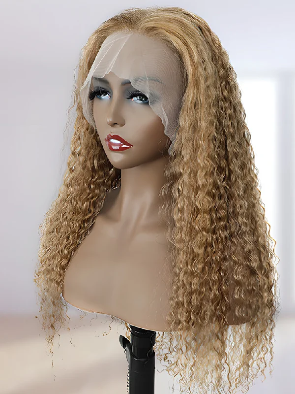 CurlyMe #27 Water Wave Hair 13x4 Lace Front Wigs Pre Plucked Honey Blonde Color Virgin Hair