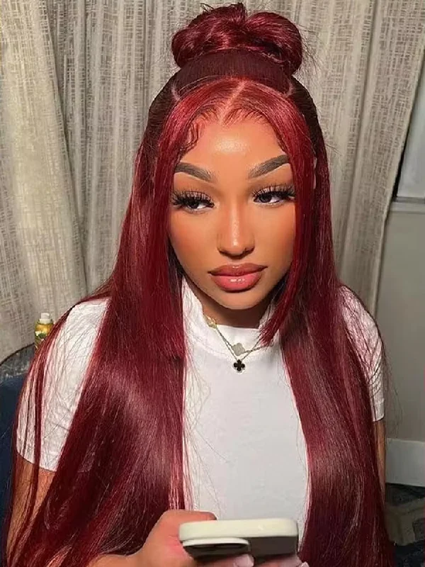 CurlyMe 99J Burgundy Color Straight Hair 13x4 Lace Front Wigs Easy Bleached Lace Wigs