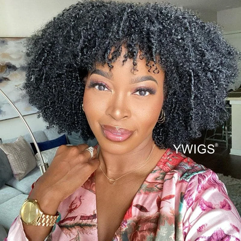 Amber Bangs Brazilian Kinky Curly 5x5 Lace Closure Bob Wig