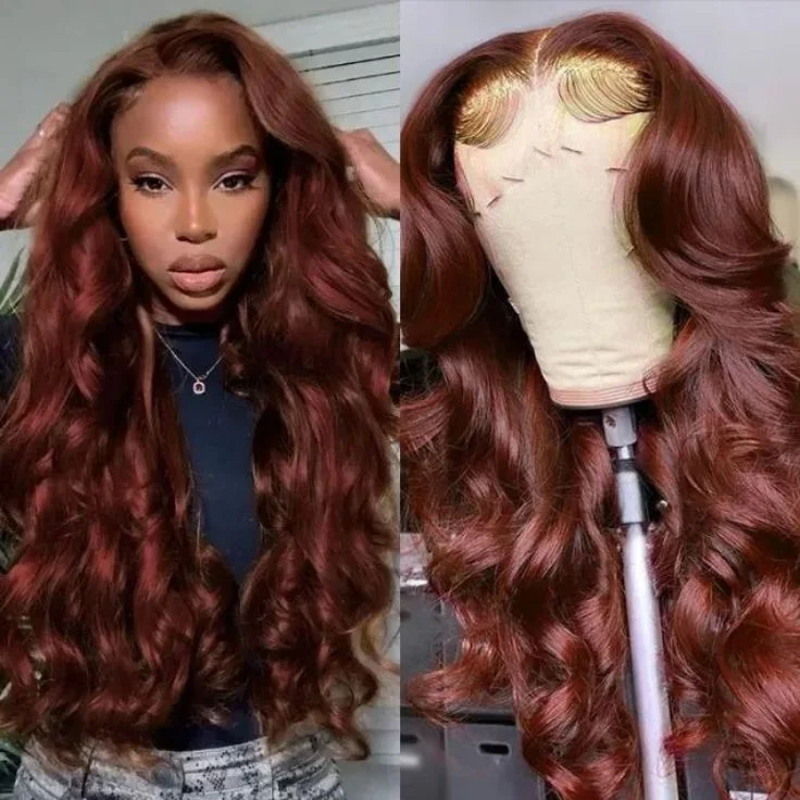 Klaiyi Brunette Auburn Copper 13x4 Pre everything Lace Frontal Wig Body Wave Virgin Human Hair Reddish Brown Color