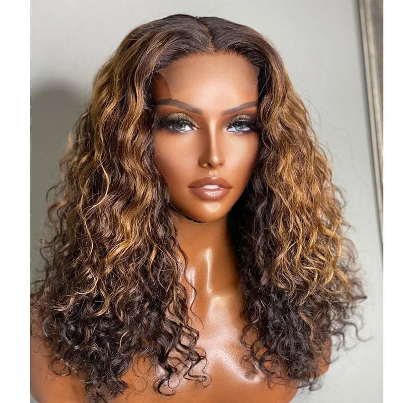 Fancy - Deep Wave #4 Chocolate Brown with #27 Honey Blonde 5X5 Lace Closure Wig