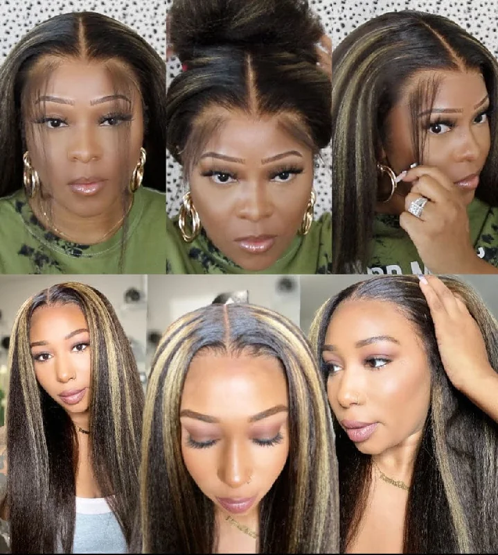 Highlighted Kinky Straight Human Hair 13 x 6 Lace Front Wig AH69