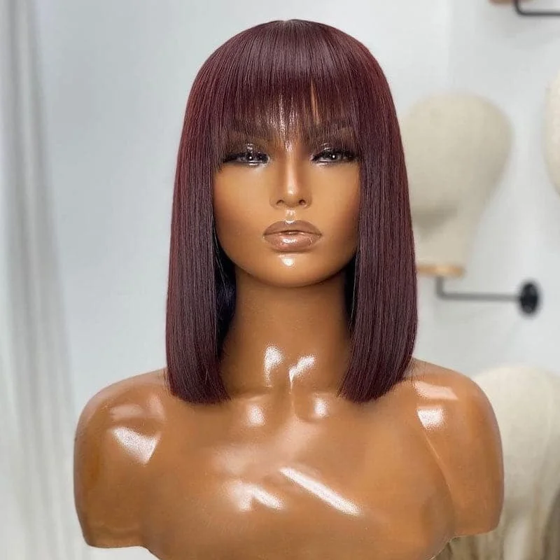 Kim #99J Burgundy Bang Wig Straight 5x5 Lace Closure Bob Wigs